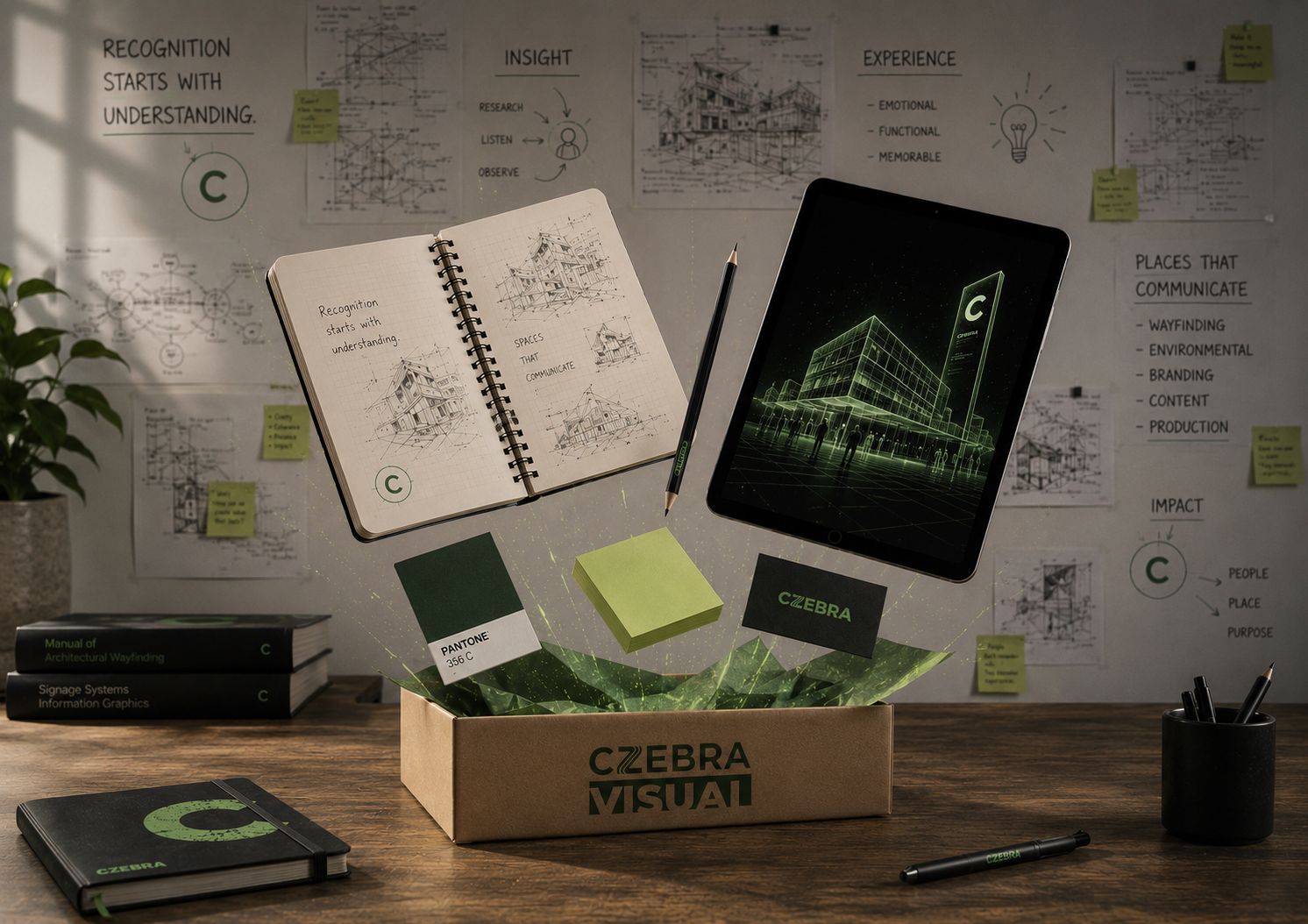 Mesa de trabajo CZEBRA VISUAL con bocetos, identidad y sistema visual